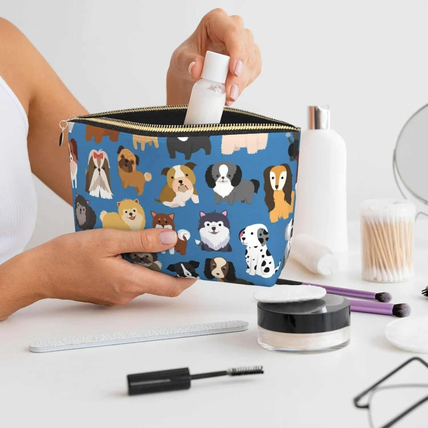 Cute Animal Dog Cosmetic Bag Travel Makeup Bag Organizer Toiletry Bag with Zipper Storage Pouch Coin Purse Brushes for Women Girls Gifts
