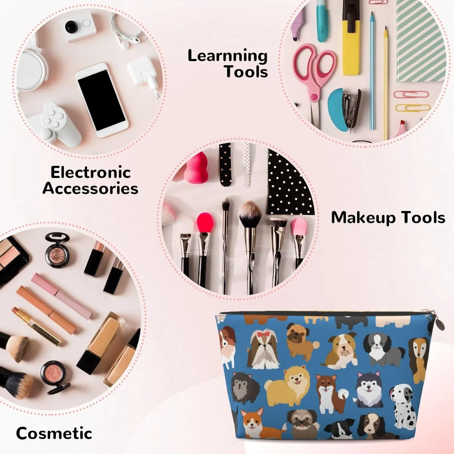 Cute Animal Dog Cosmetic Bag Travel Makeup Bag Organizer Toiletry Bag with Zipper Storage Pouch Coin Purse Brushes for Women Girls Gifts