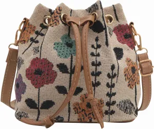 cute bucket bags for women, kawaii small floral tote bag flower purse, mini embroidery aesthetic boho bag needlepoint barrel drawstring purse