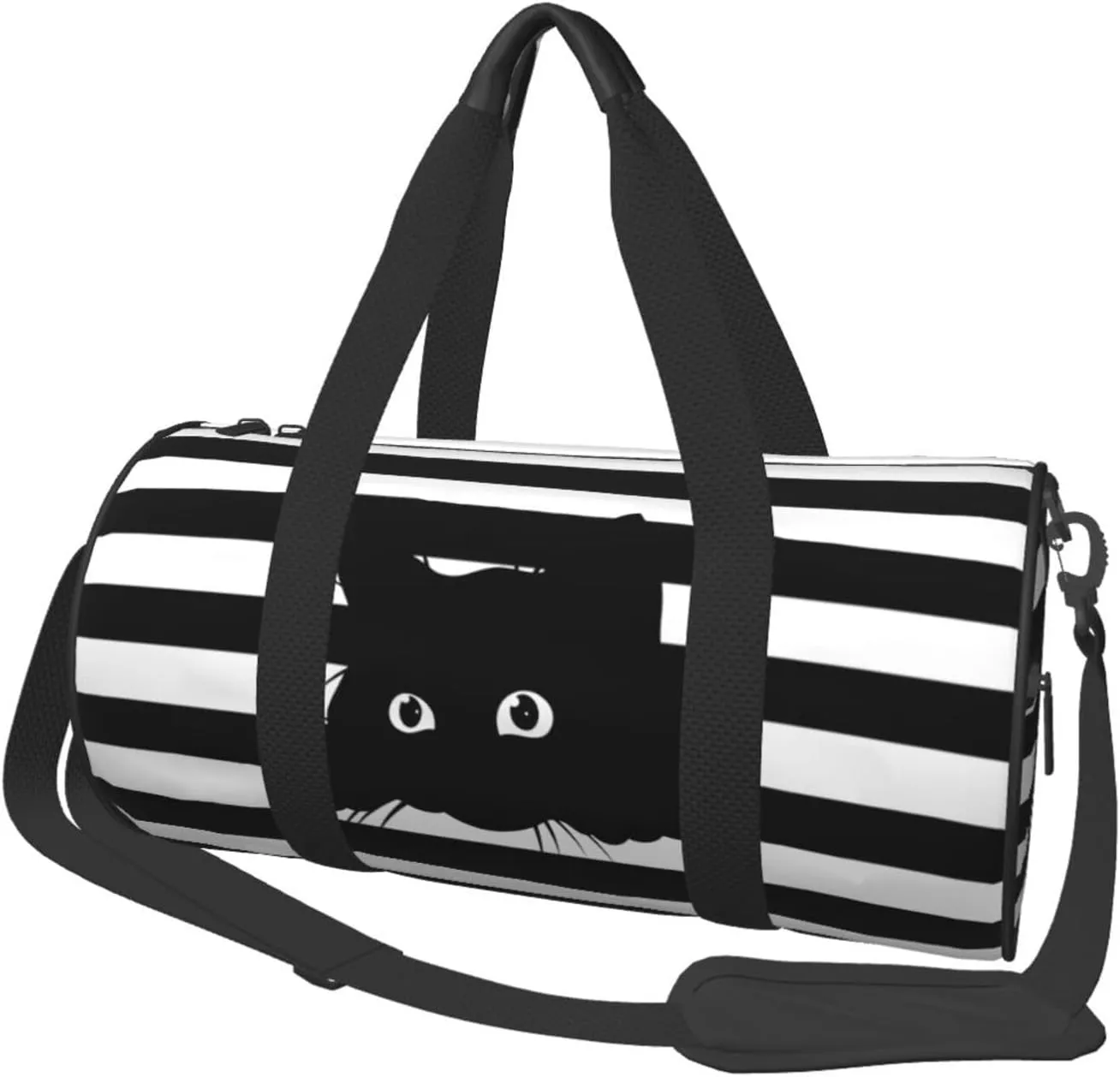 Cute Cat On Black And White Striped Background Sports Gym Bag Travel Duffel Bag Shoes Compartment For Men Women Foldable Lightweight Yoga Gym Sports Bag