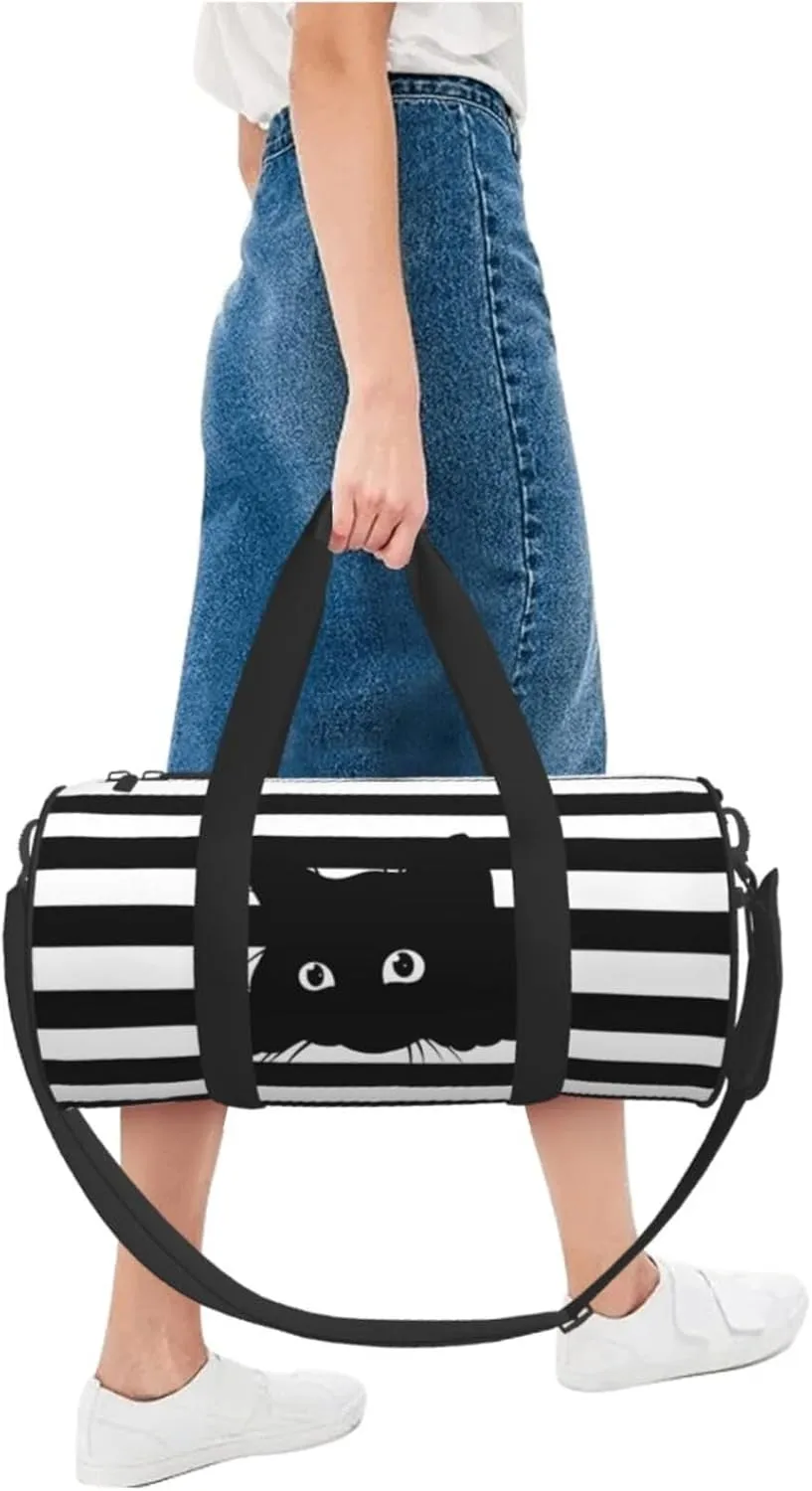 Cute Cat On Black And White Striped Background Sports Gym Bag Travel Duffel Bag Shoes Compartment For Men Women Foldable Lightweight Yoga Gym Sports Bag