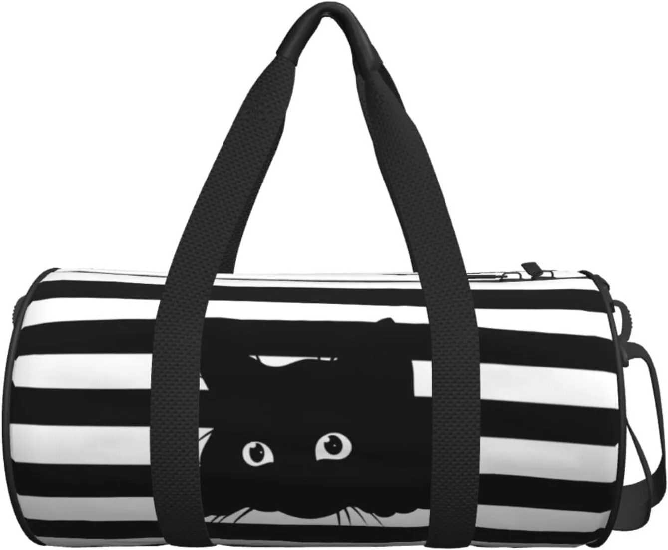 Cute Cat On Black And White Striped Background Sports Gym Bag Travel Duffel Bag Shoes Compartment For Men Women Foldable Lightweight Yoga Gym Sports Bag