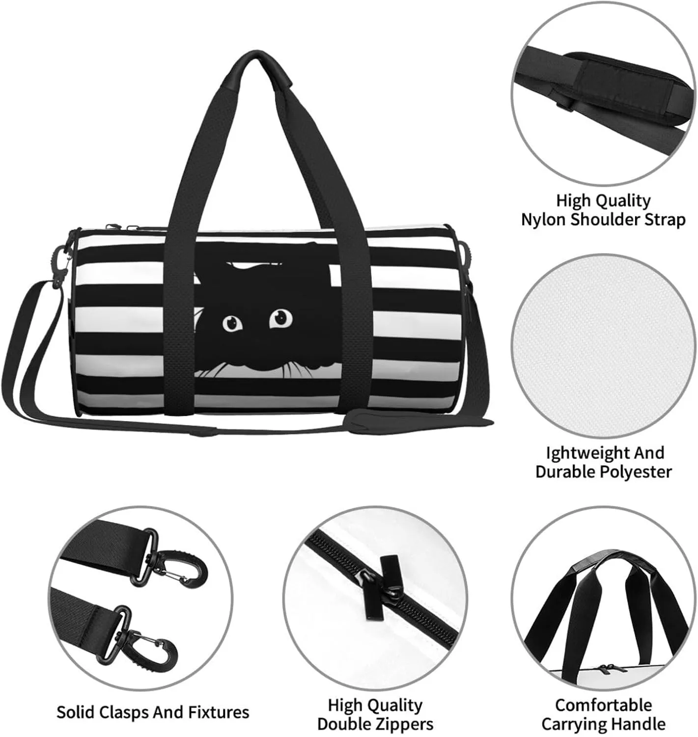 Cute Cat On Black And White Striped Background Sports Gym Bag Travel Duffel Bag Shoes Compartment For Men Women Foldable Lightweight Yoga Gym Sports Bag