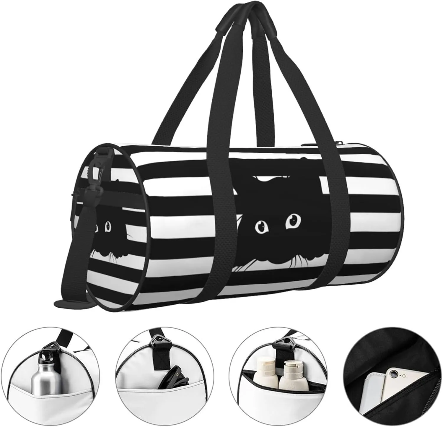 Cute Cat On Black And White Striped Background Sports Gym Bag Travel Duffel Bag Shoes Compartment For Men Women Foldable Lightweight Yoga Gym Sports Bag
