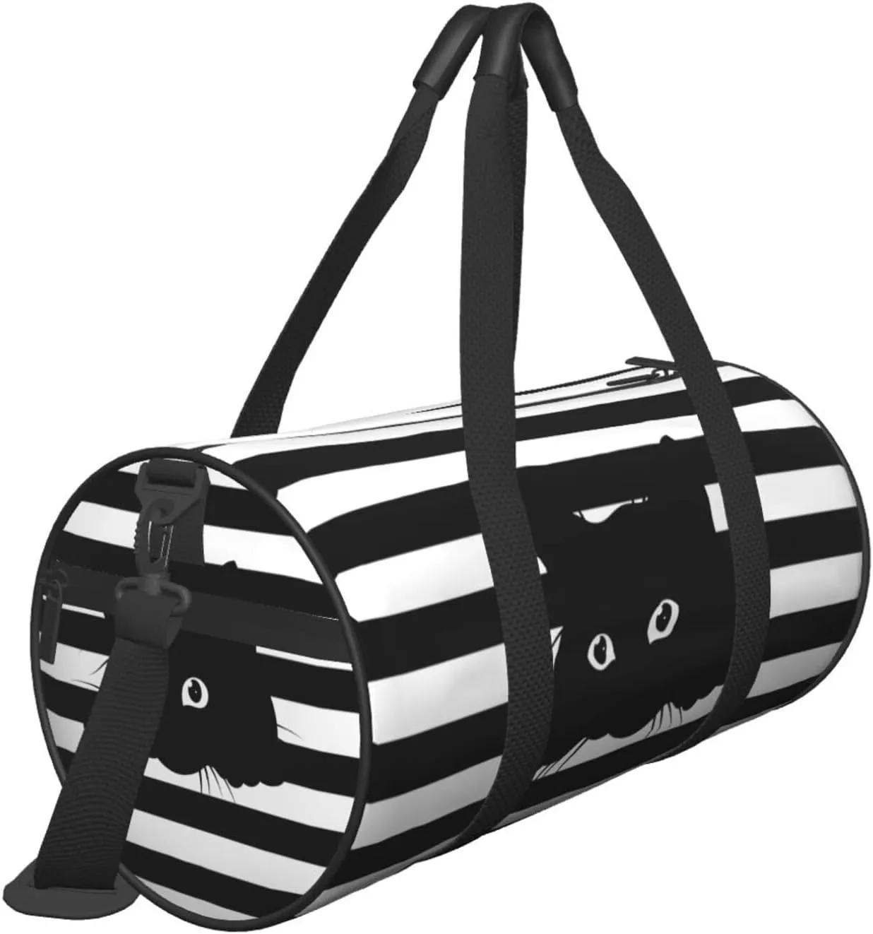 Cute Cat On Black And White Striped Background Sports Gym Bag Travel Duffel Bag Shoes Compartment For Men Women Foldable Lightweight Yoga Gym Sports Bag