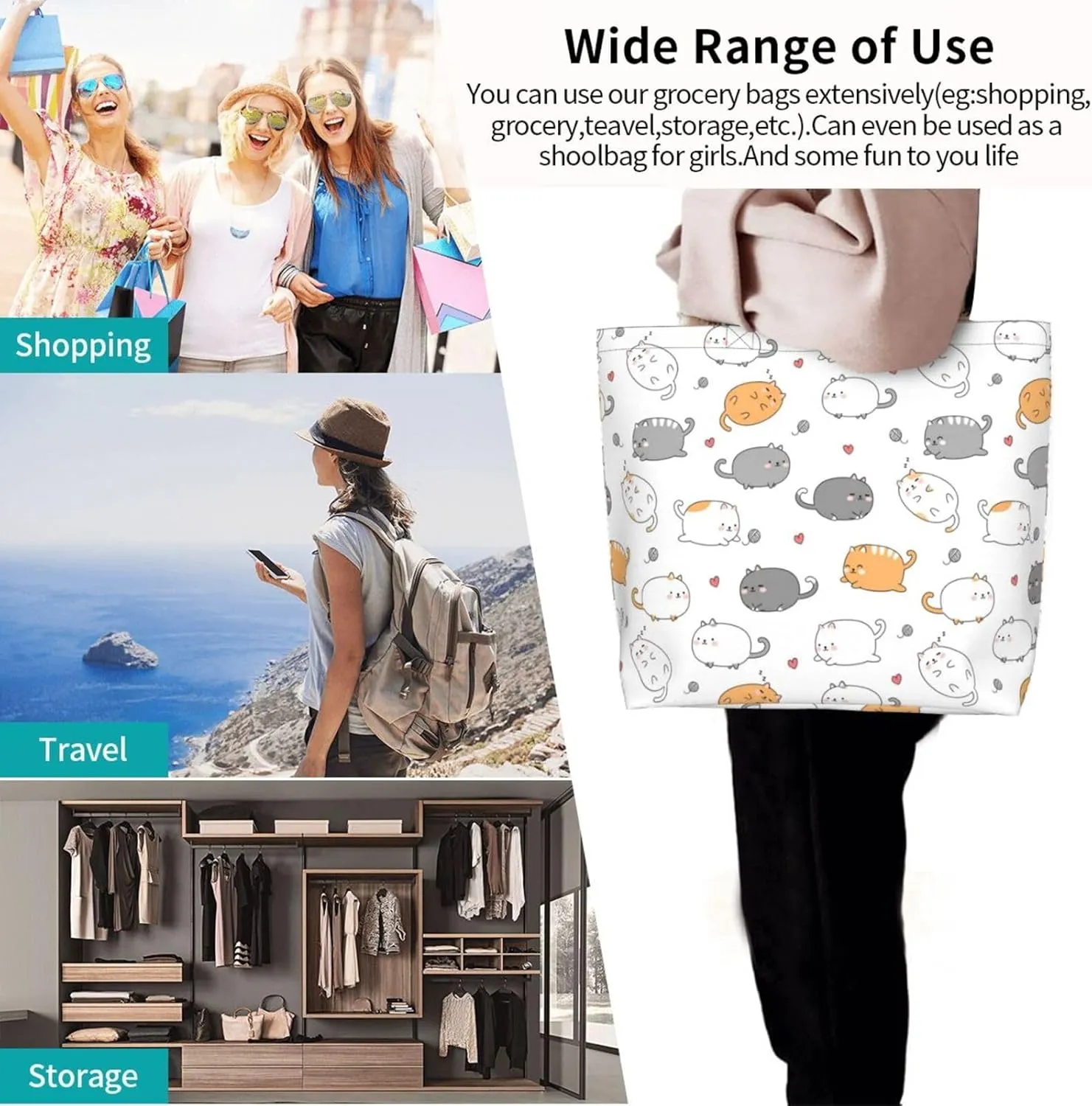 Cute Cat Tote Bag Beach Bag Large Capacity Grocery Bag Reusable Shopping bags for Women