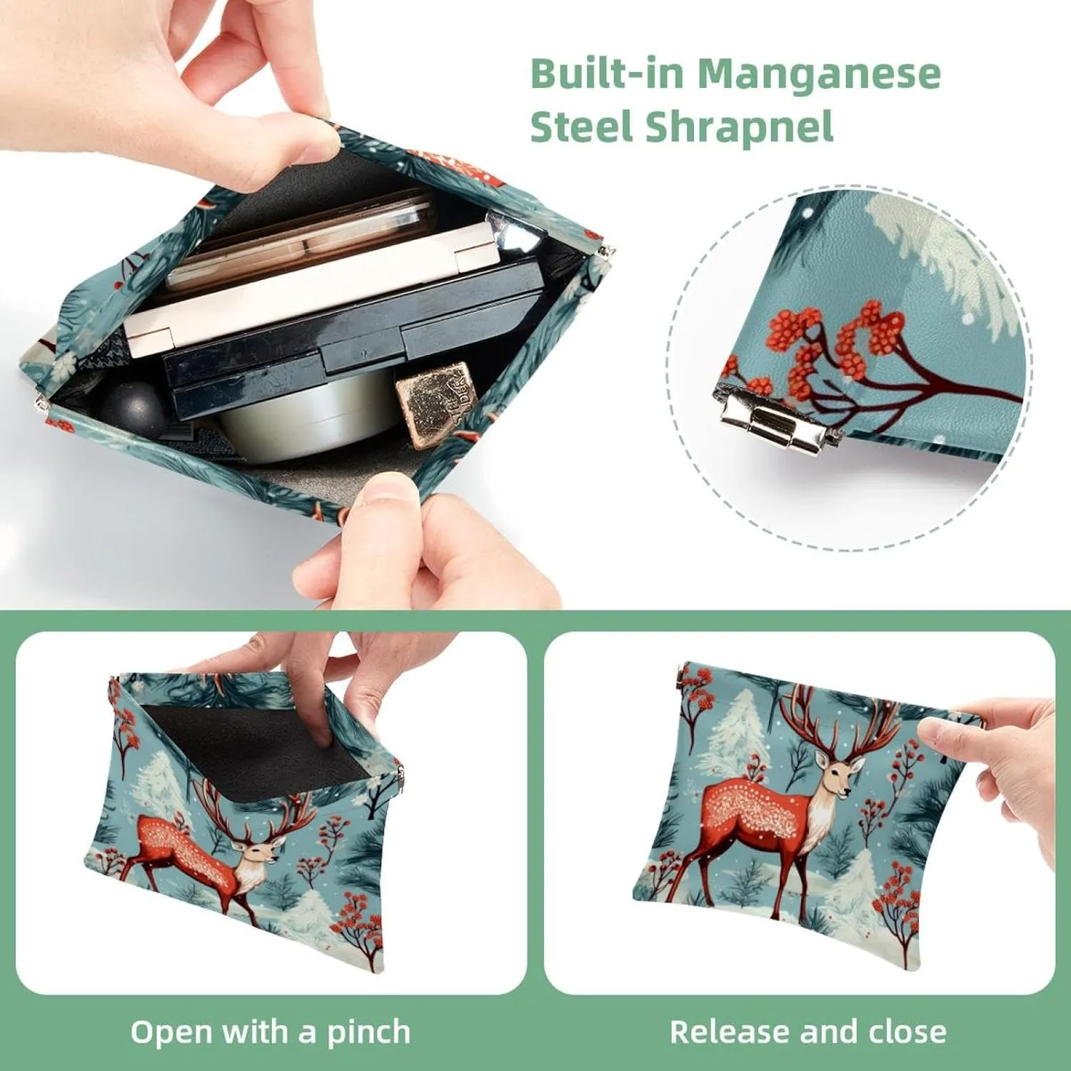 Cute Christmas Elk-1832 Pocket Cosmetic Bag, Waterproof Squeeze Makeup Bag No Zipper Self-Closing, Portable Mini Travel Storage for Headphones Jewelry