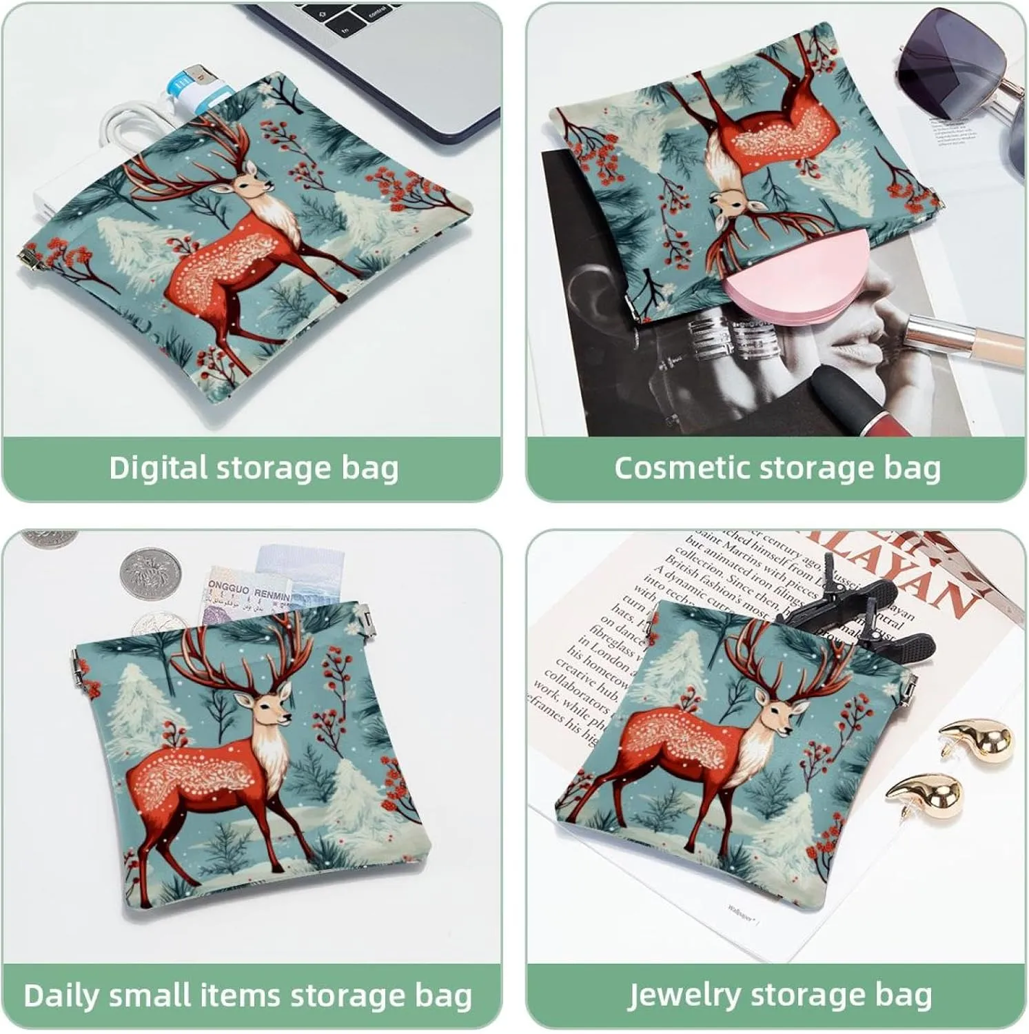 Cute Christmas Elk-1832 Pocket Cosmetic Bag, Waterproof Squeeze Makeup Bag No Zipper Self-Closing, Portable Mini Travel Storage for Headphones Jewelry