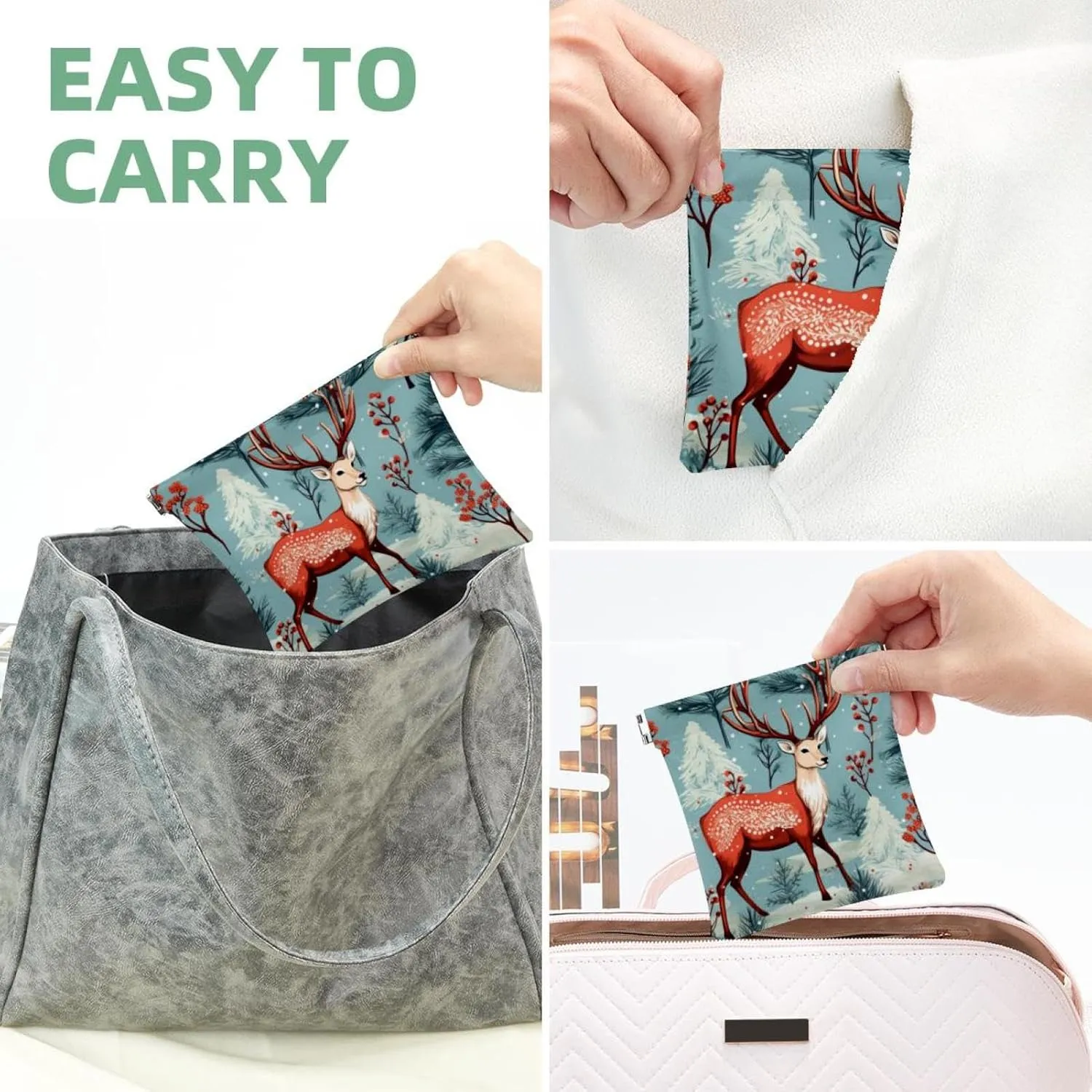 Cute Christmas Elk-1832 Pocket Cosmetic Bag, Waterproof Squeeze Makeup Bag No Zipper Self-Closing, Portable Mini Travel Storage for Headphones Jewelry