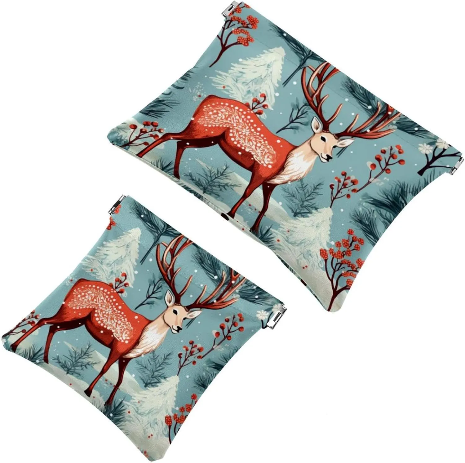 Cute Christmas Elk-1832 Pocket Cosmetic Bag, Waterproof Squeeze Makeup Bag No Zipper Self-Closing, Portable Mini Travel Storage for Headphones Jewelry