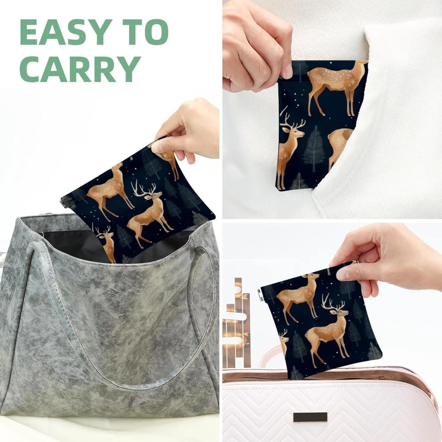 Cute Christmas Elk-72 Pocket Cosmetic Bag, Waterproof Squeeze Makeup Bag No Zipper Self-Closing, Portable Mini Travel Storage for Headphones Jewelry
