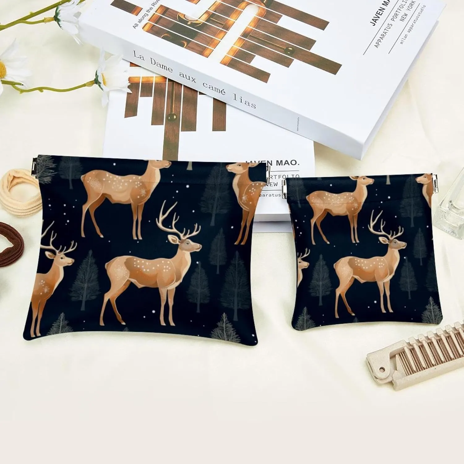 Cute Christmas Elk-72 Pocket Cosmetic Bag, Waterproof Squeeze Makeup Bag No Zipper Self-Closing, Portable Mini Travel Storage for Headphones Jewelry
