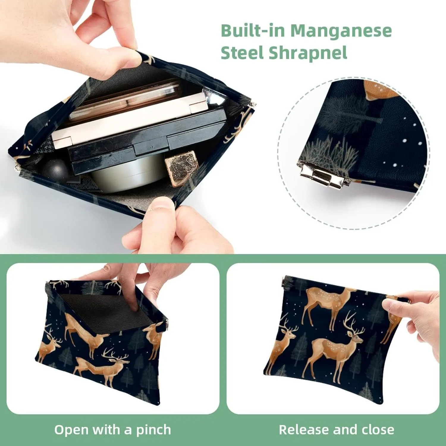 Cute Christmas Elk-72 Pocket Cosmetic Bag, Waterproof Squeeze Makeup Bag No Zipper Self-Closing, Portable Mini Travel Storage for Headphones Jewelry