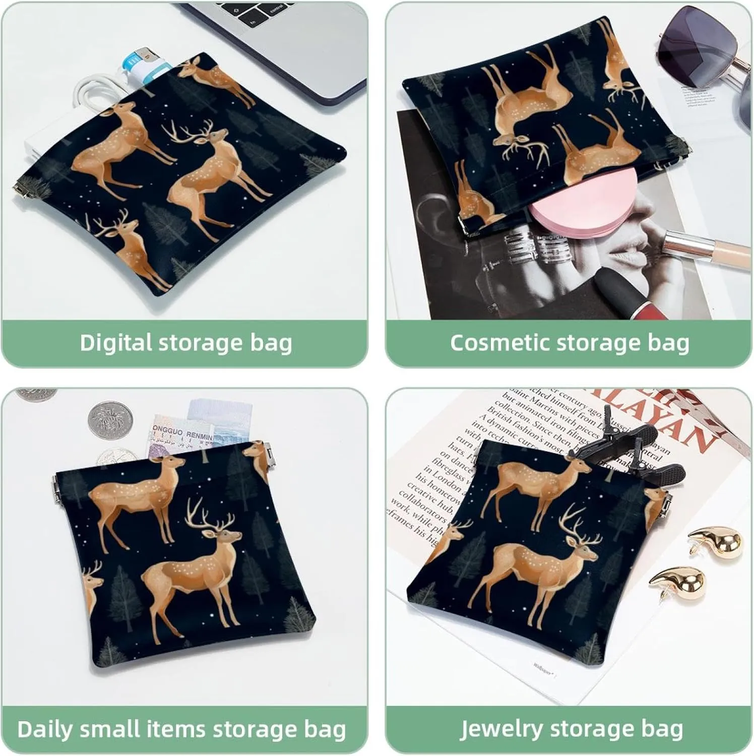 Cute Christmas Elk-72 Pocket Cosmetic Bag, Waterproof Squeeze Makeup Bag No Zipper Self-Closing, Portable Mini Travel Storage for Headphones Jewelry