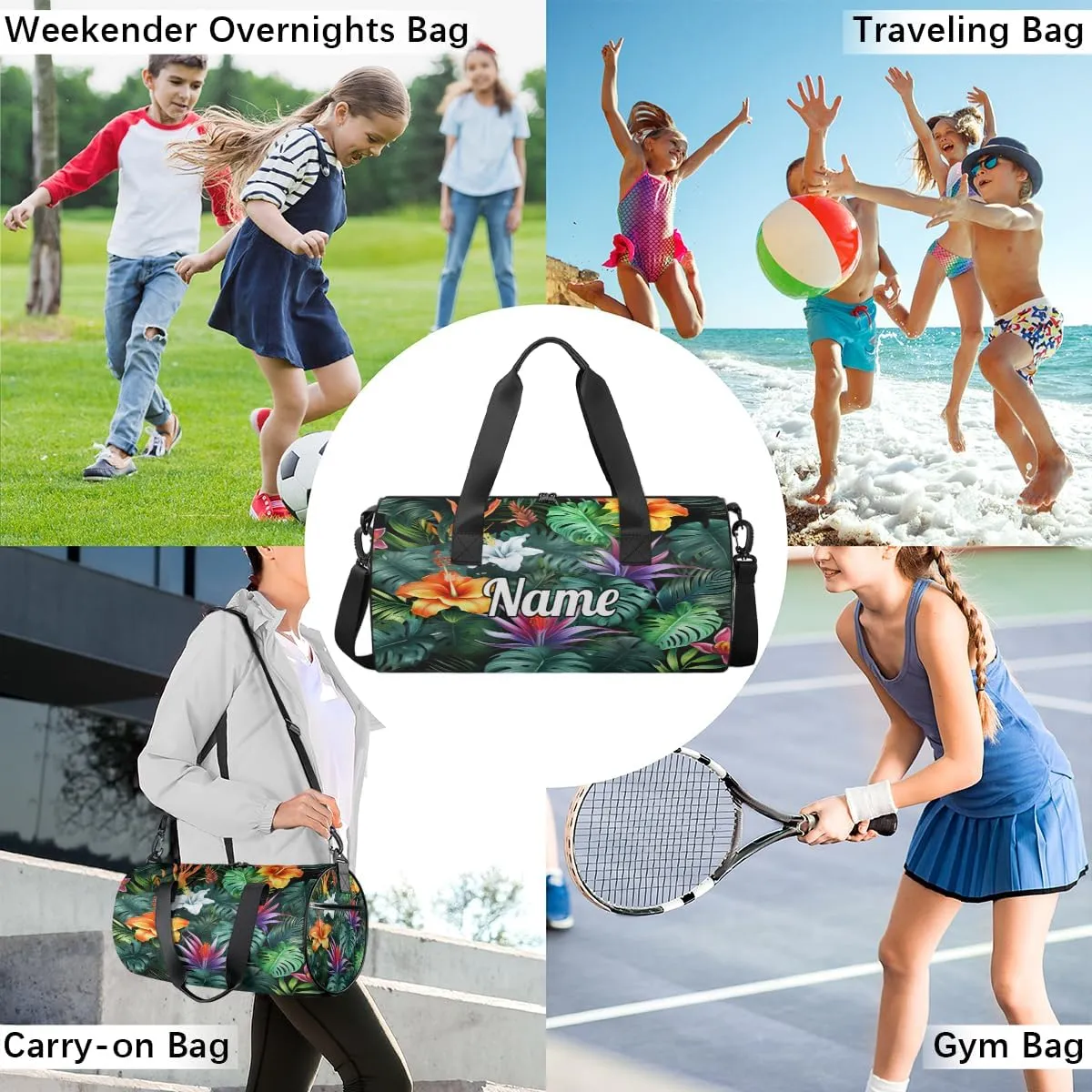 Cute Dance Bag Sport Duffel Gymnastics Sport Bags Custom Ballet Bag Overnight Weekender Bag Waterproof Pattern, Tropical Flowers Palm Leaves