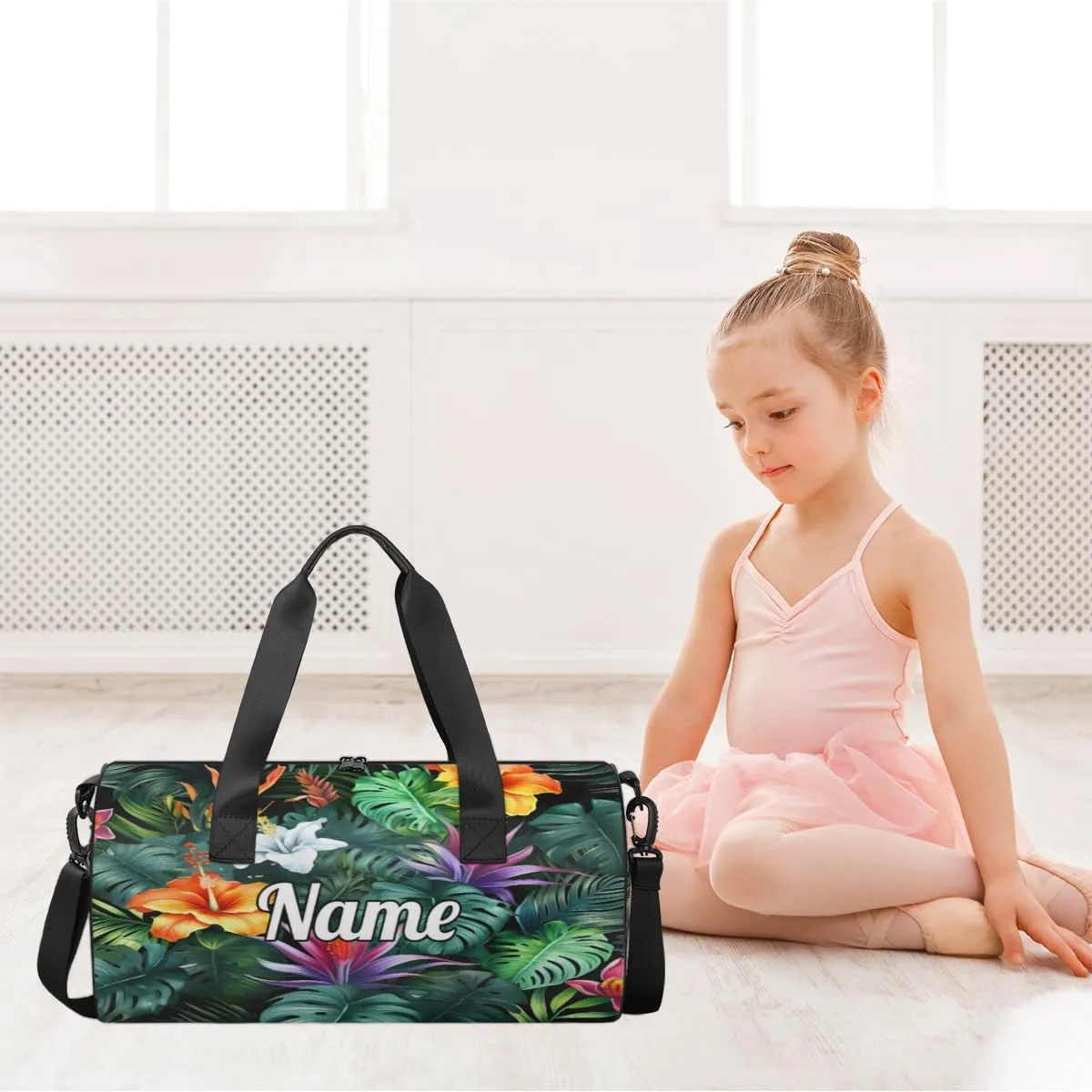 Cute Dance Bag Sport Duffel Gymnastics Sport Bags Custom Ballet Bag Overnight Weekender Bag Waterproof Pattern, Tropical Flowers Palm Leaves