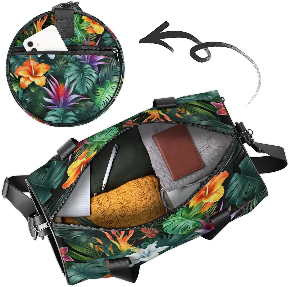 Cute Dance Bag Sport Duffel Gymnastics Sport Bags Custom Ballet Bag Overnight Weekender Bag Waterproof Pattern, Tropical Flowers Palm Leaves
