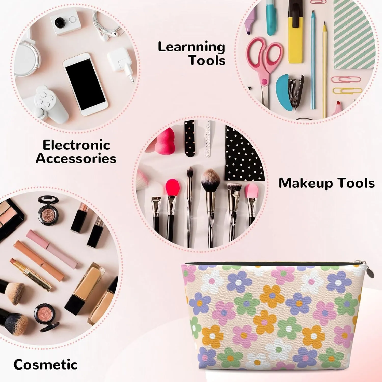 Cute Flowers Floral Small Makeup Bag for Women - Leather Travel Cosmetic Bag Make Up Pouch Mini Travel Zipper Pouch - Makeup Organizer Bag
