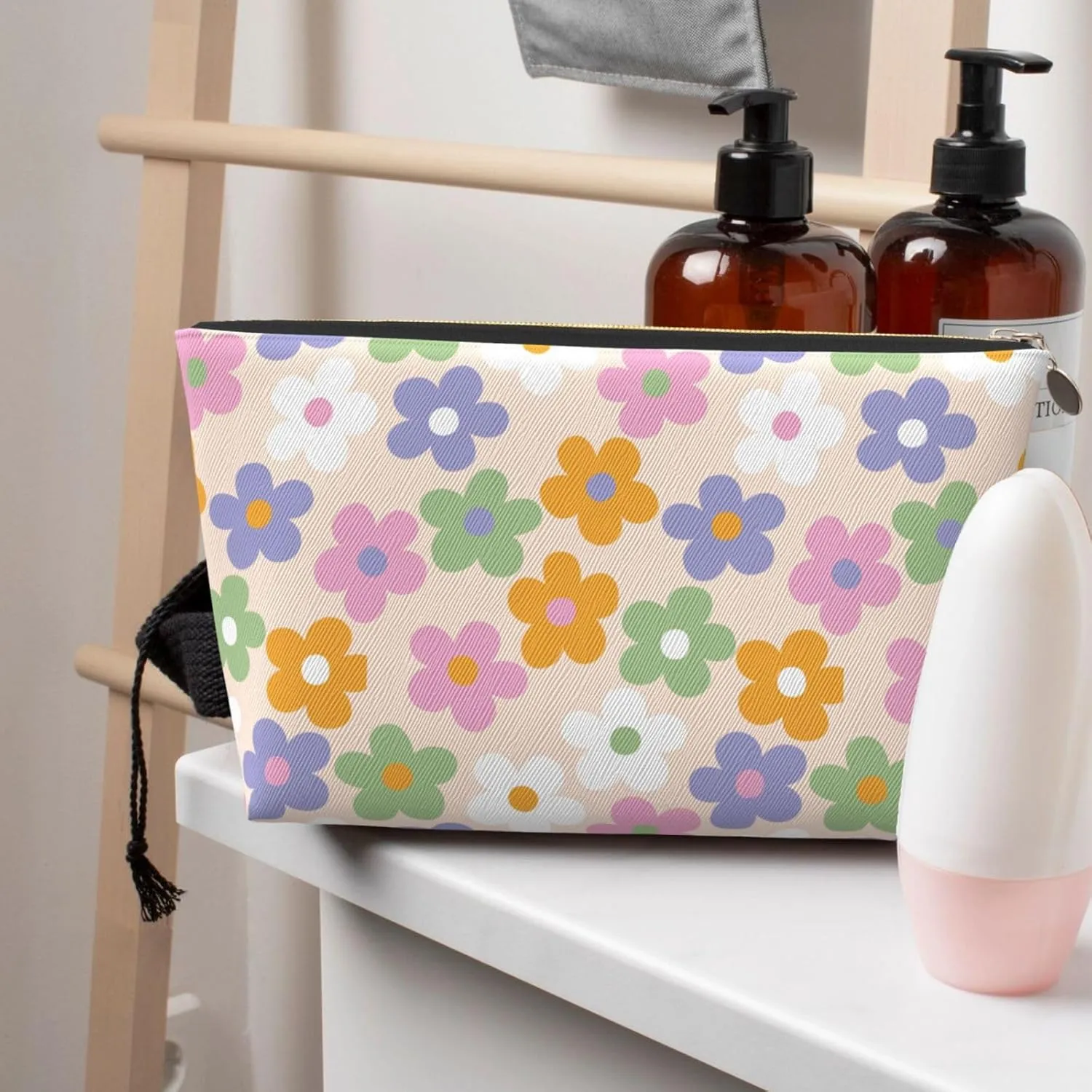 Cute Flowers Floral Small Makeup Bag for Women - Leather Travel Cosmetic Bag Make Up Pouch Mini Travel Zipper Pouch - Makeup Organizer Bag