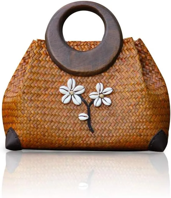 Cute Hand-woven Straw Bag Boho Wooden Handle Handbag Women's Summer Beach Rattan Tote Travel Bag with White Flower (Gold)