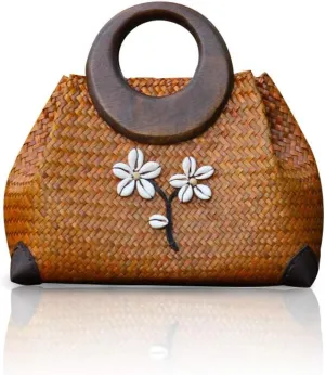 Cute Hand-woven Straw Bag Boho Wooden Handle Handbag Women's Summer Beach Rattan Tote Travel Bag with White Flower (Gold)