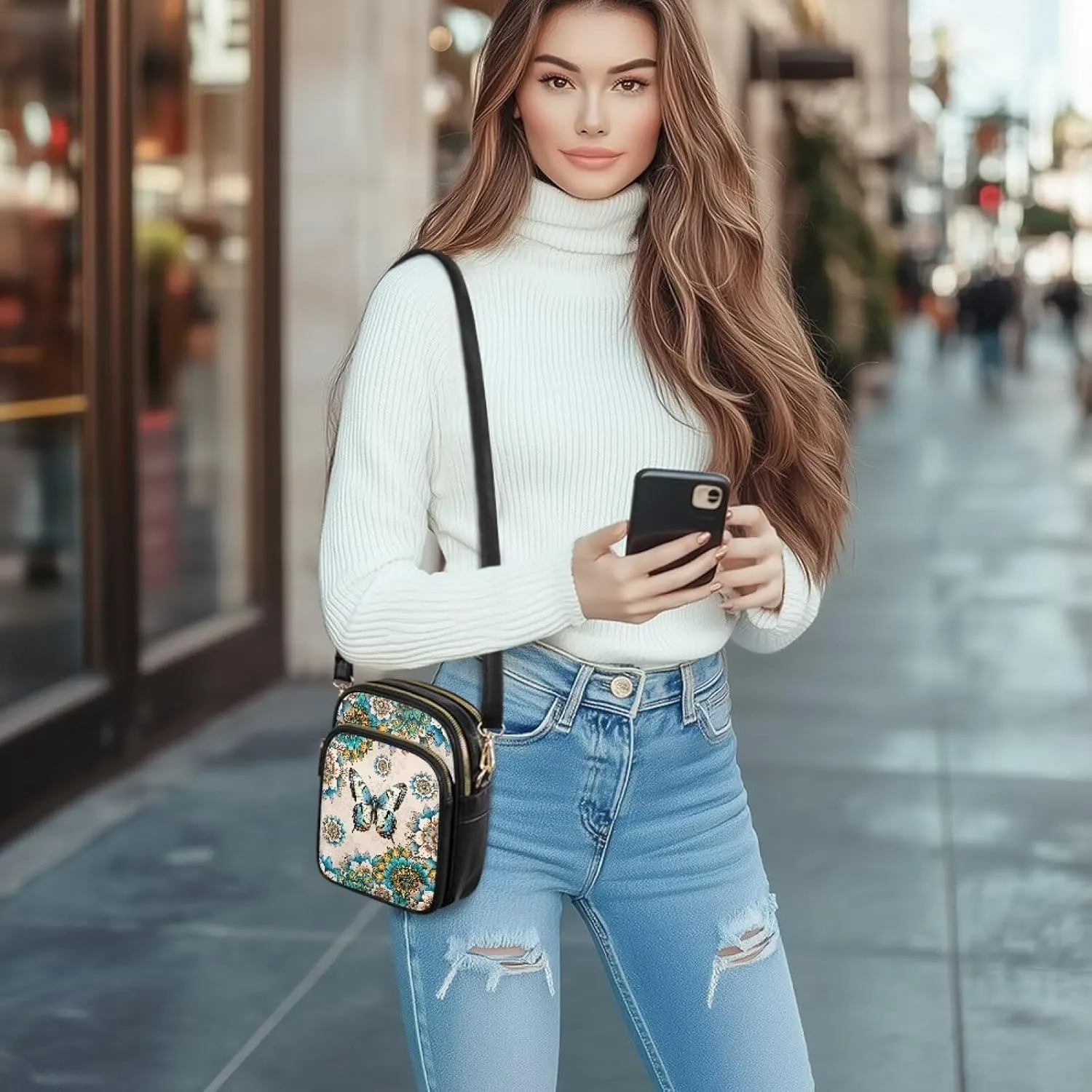 Cute Pattern Crossbody Bag for Women Multi-Pocket Leather Cross Body Bag with Adjustable Strap