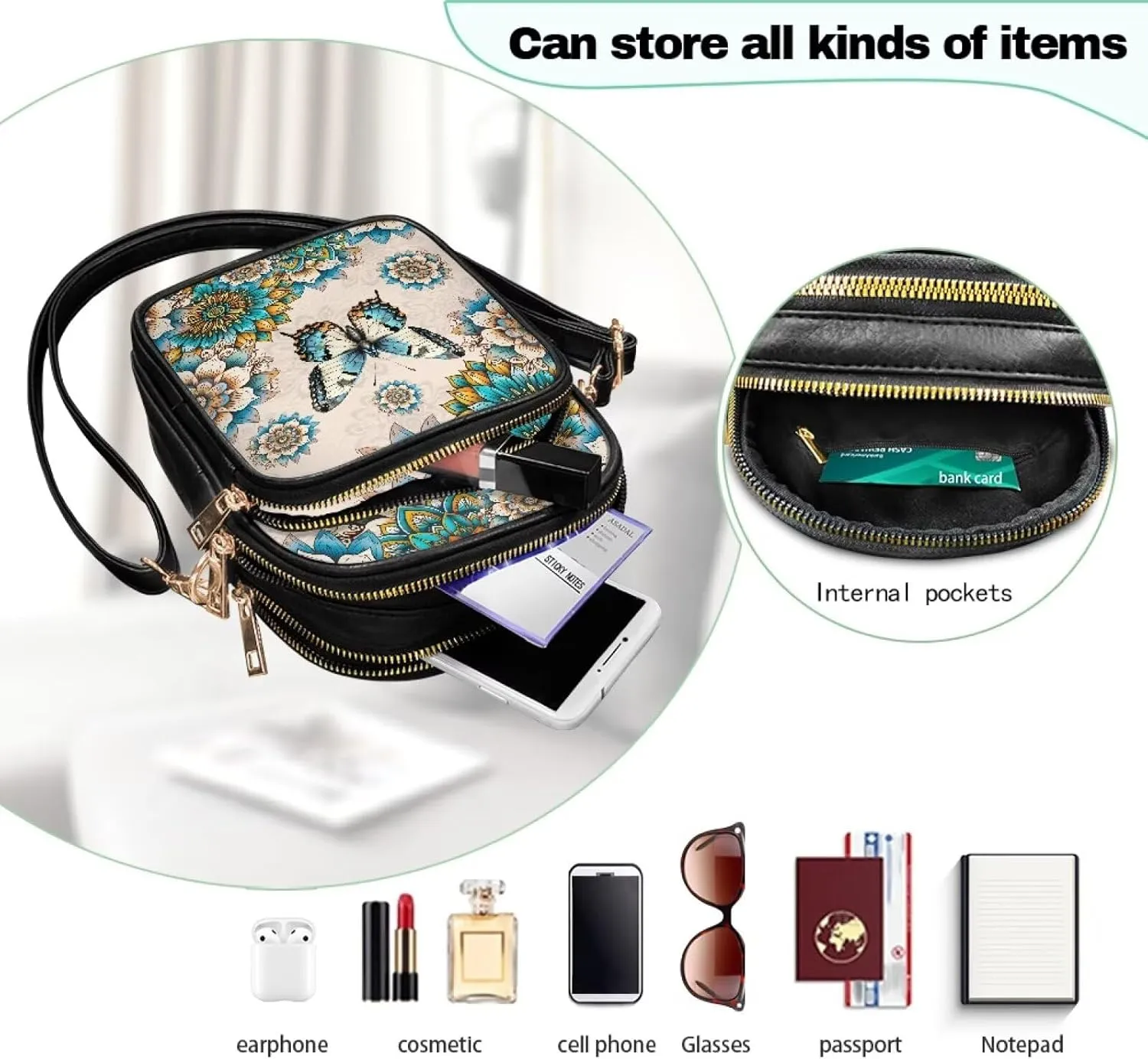 Cute Pattern Crossbody Bag for Women Multi-Pocket Leather Cross Body Bag with Adjustable Strap
