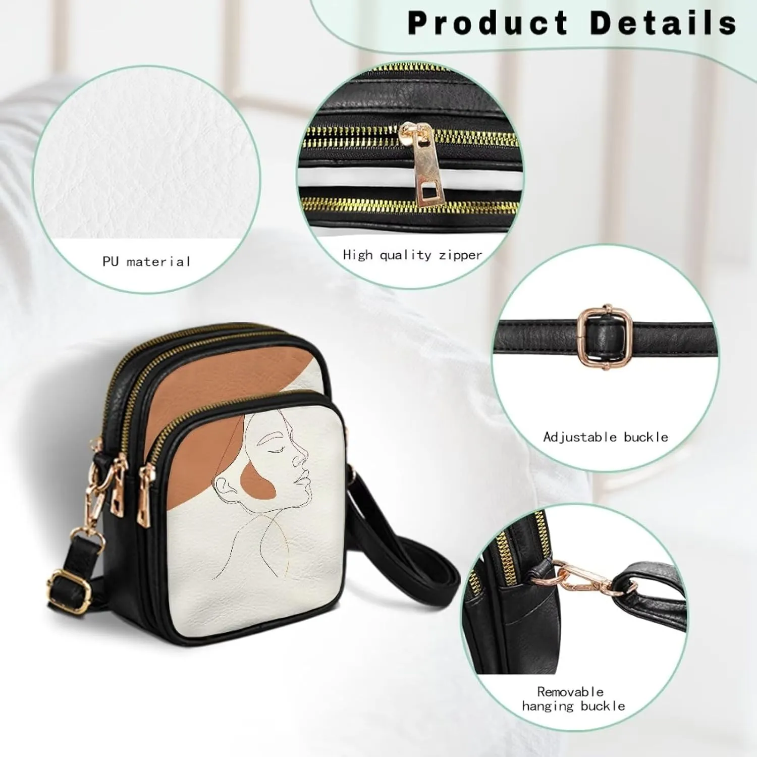 Cute Pattern Crossbody Bag for Women Multi-Pocket Leather Cross Body Bag with Adjustable Strap