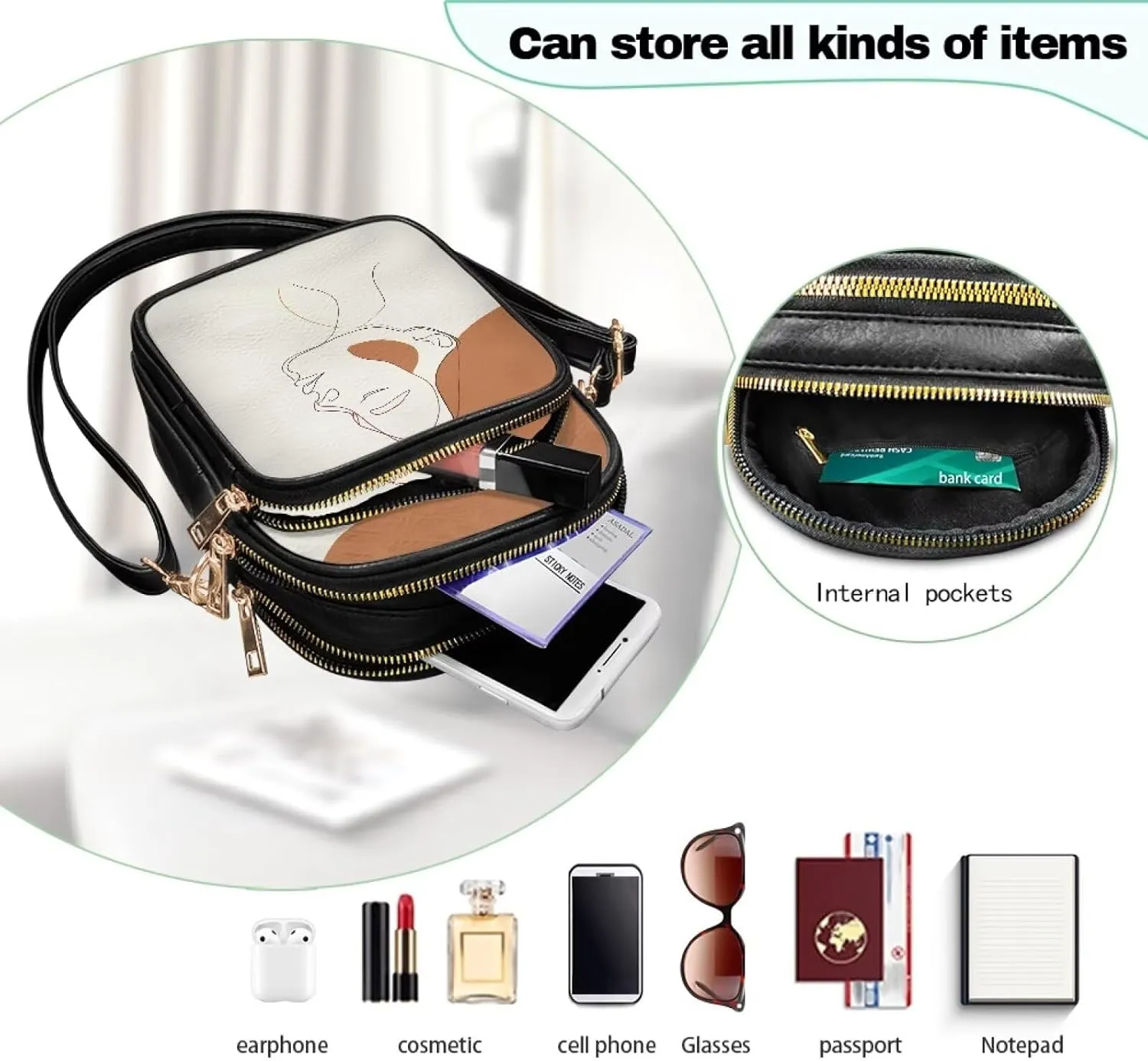 Cute Pattern Crossbody Bag for Women Multi-Pocket Leather Cross Body Bag with Adjustable Strap