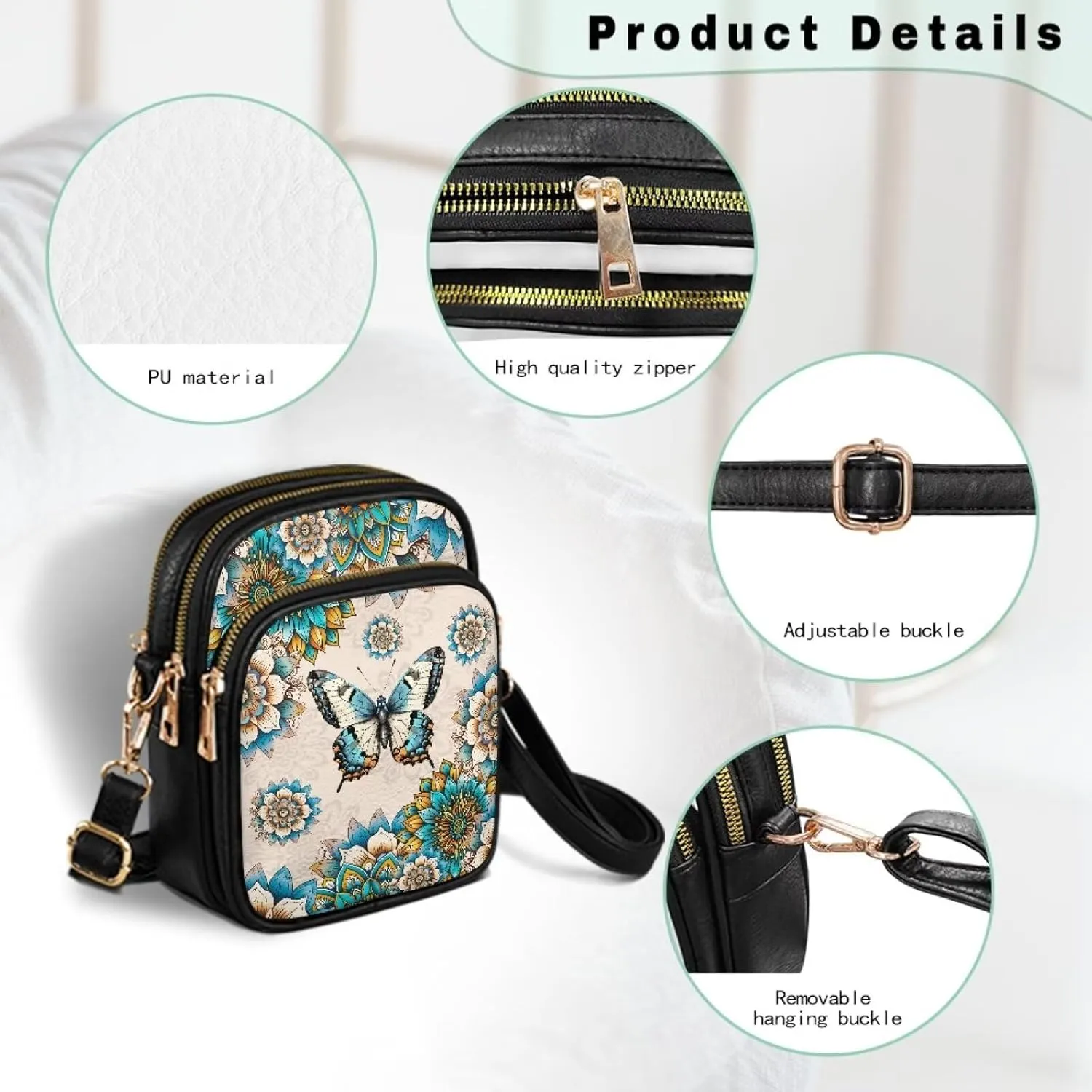 Cute Pattern Crossbody Bag for Women Multi-Pocket Leather Cross Body Bag with Adjustable Strap