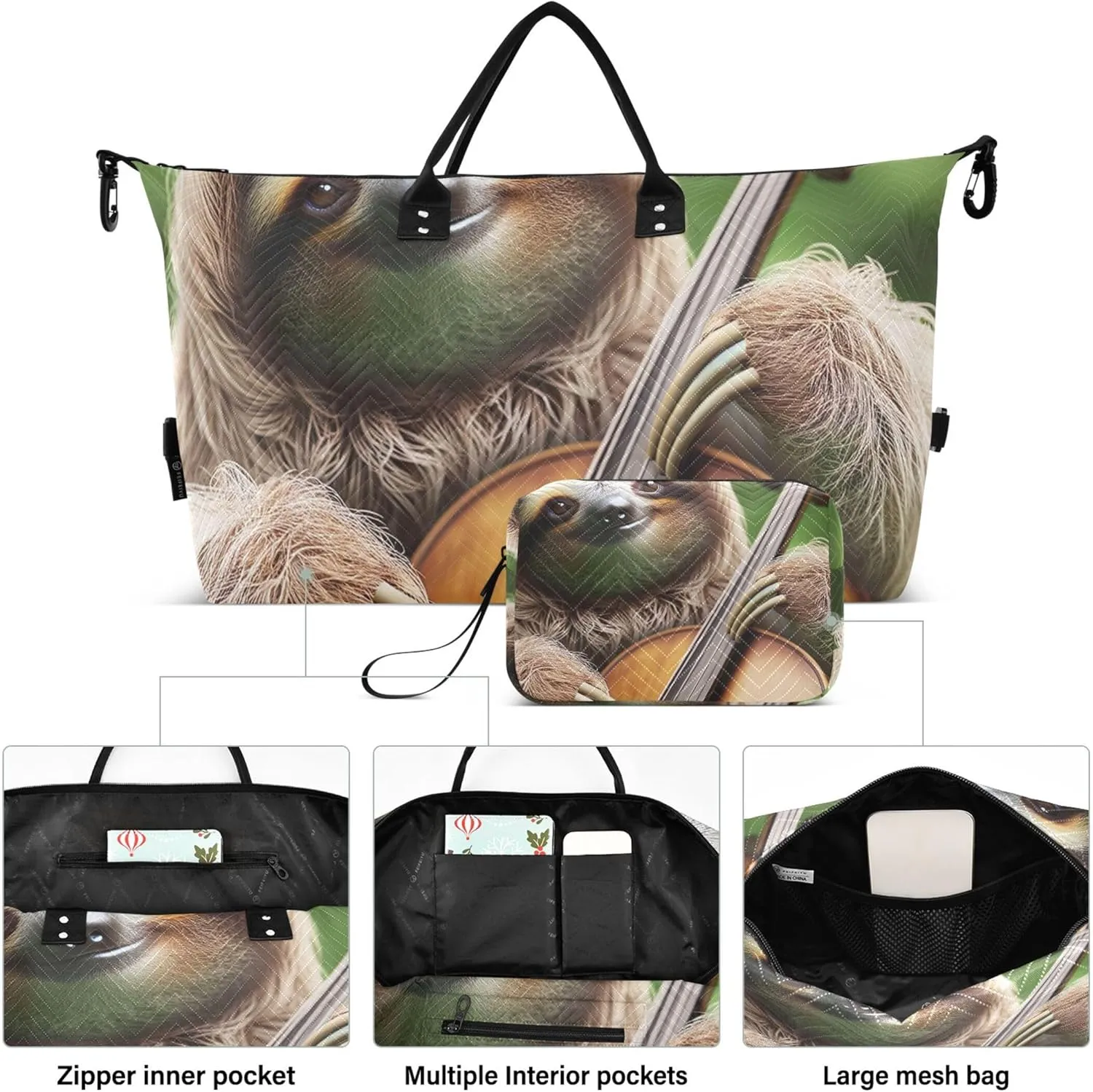 Cute Sloth Cello Music Travel Duffle Bags Cosmetic Bags Set of 2, Animal Gym Bags Tote Weekender Bag
