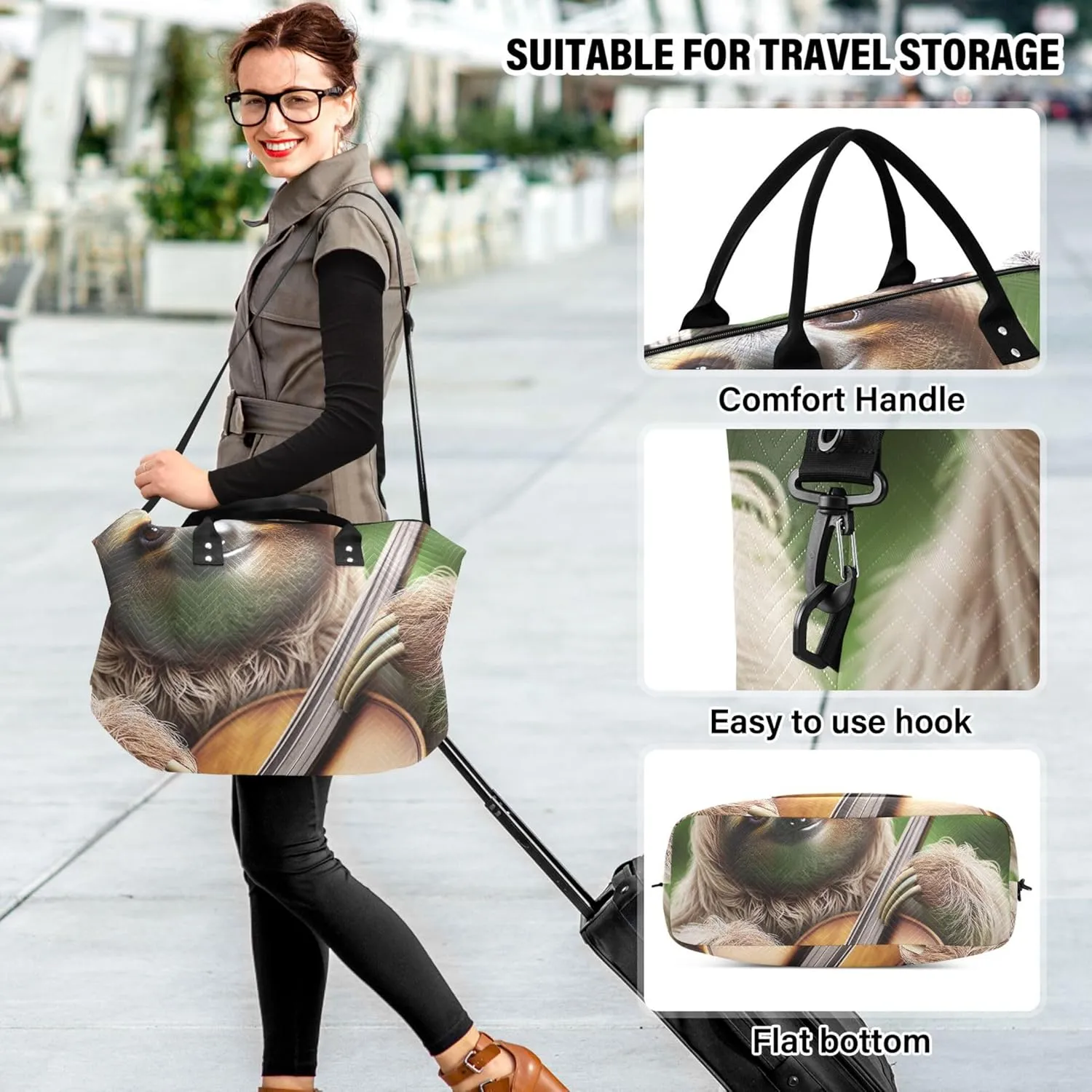 Cute Sloth Cello Music Travel Duffle Bags Cosmetic Bags Set of 2, Animal Gym Bags Tote Weekender Bag