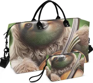 Cute Sloth Cello Music Travel Duffle Bags Cosmetic Bags Set of 2, Animal Gym Bags Tote Weekender Bag