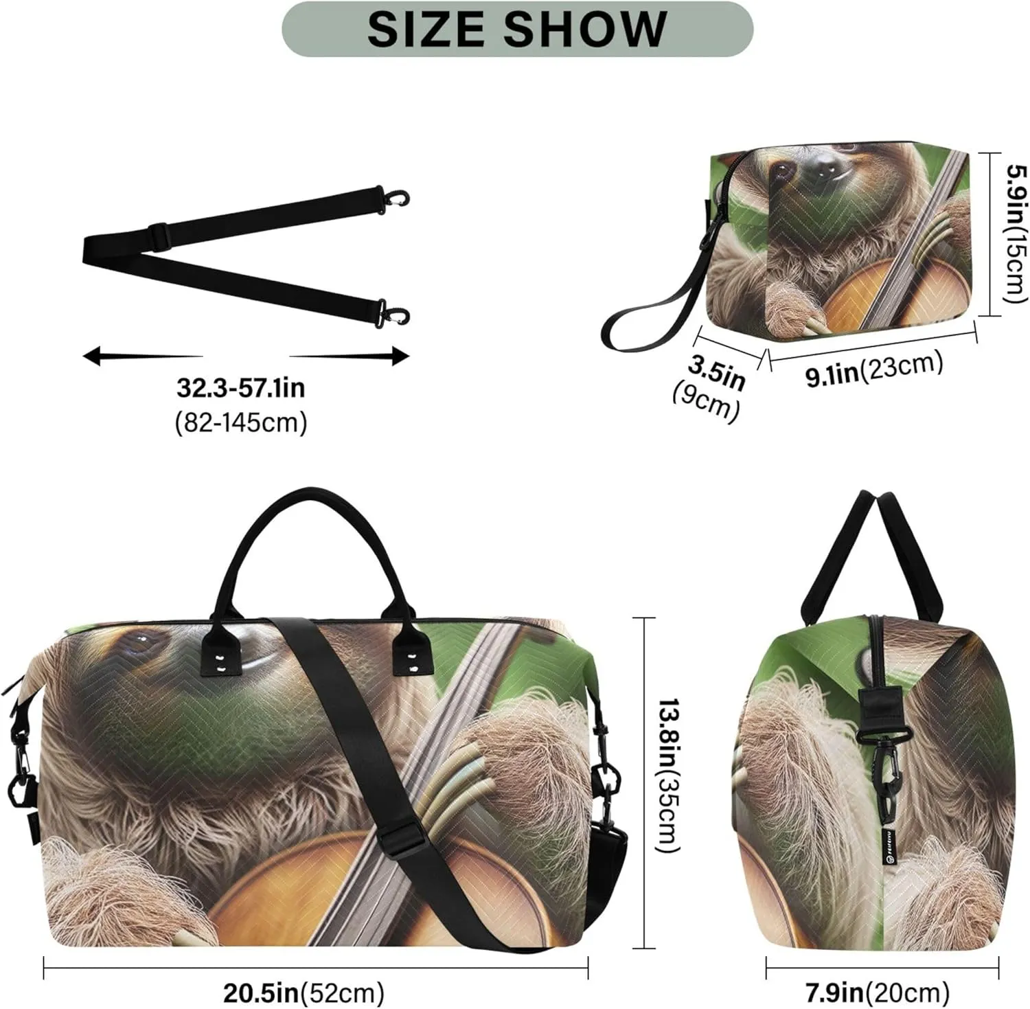Cute Sloth Cello Music Travel Duffle Bags Cosmetic Bags Set of 2, Animal Gym Bags Tote Weekender Bag