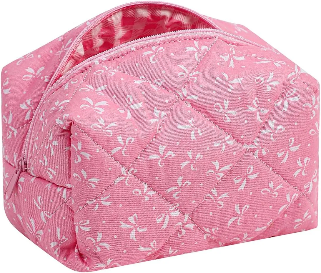 Cute Small Floral Cotton Makeup Bag, Quilted Zipper Pouch with Coquette Bear for Women and Girls, Kawaii Travel Cosmetic Bags for Purse(06Pink Bows)
