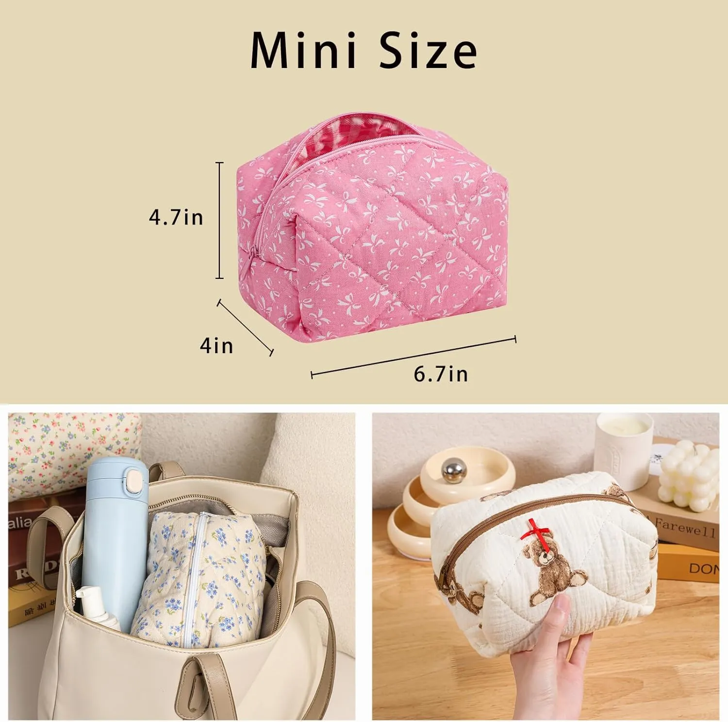Cute Small Floral Cotton Makeup Bag, Quilted Zipper Pouch with Coquette Bear for Women and Girls, Kawaii Travel Cosmetic Bags for Purse(06Pink Bows)