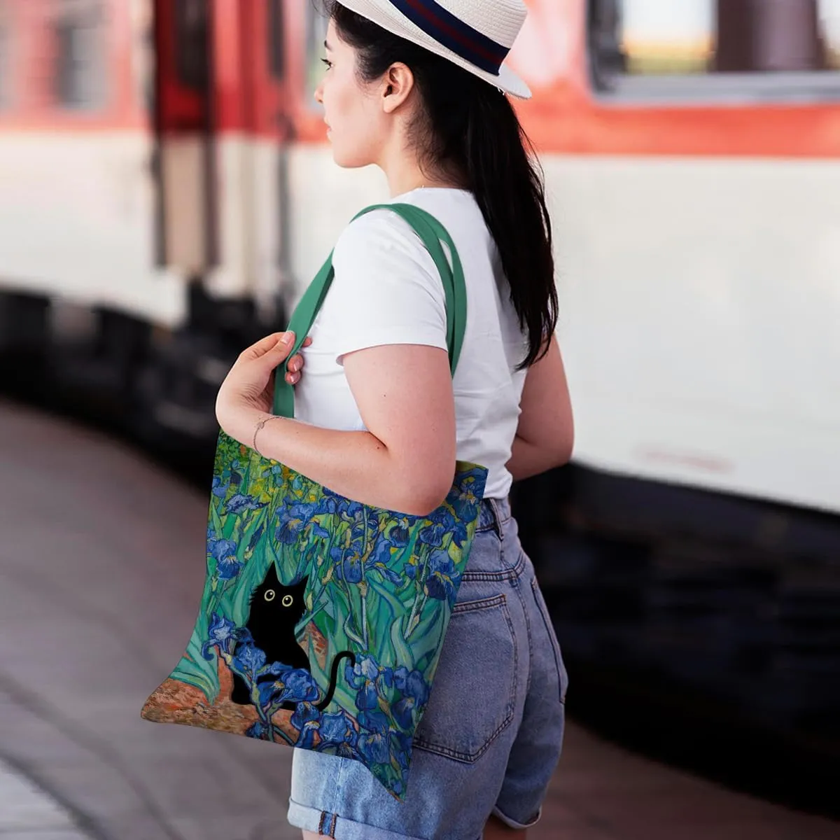 Cute Tote Bag for Women Floral Cat Gifts Boho Butterfly Forest Animals Reusable Grocery Bags Cat Lover Gifts