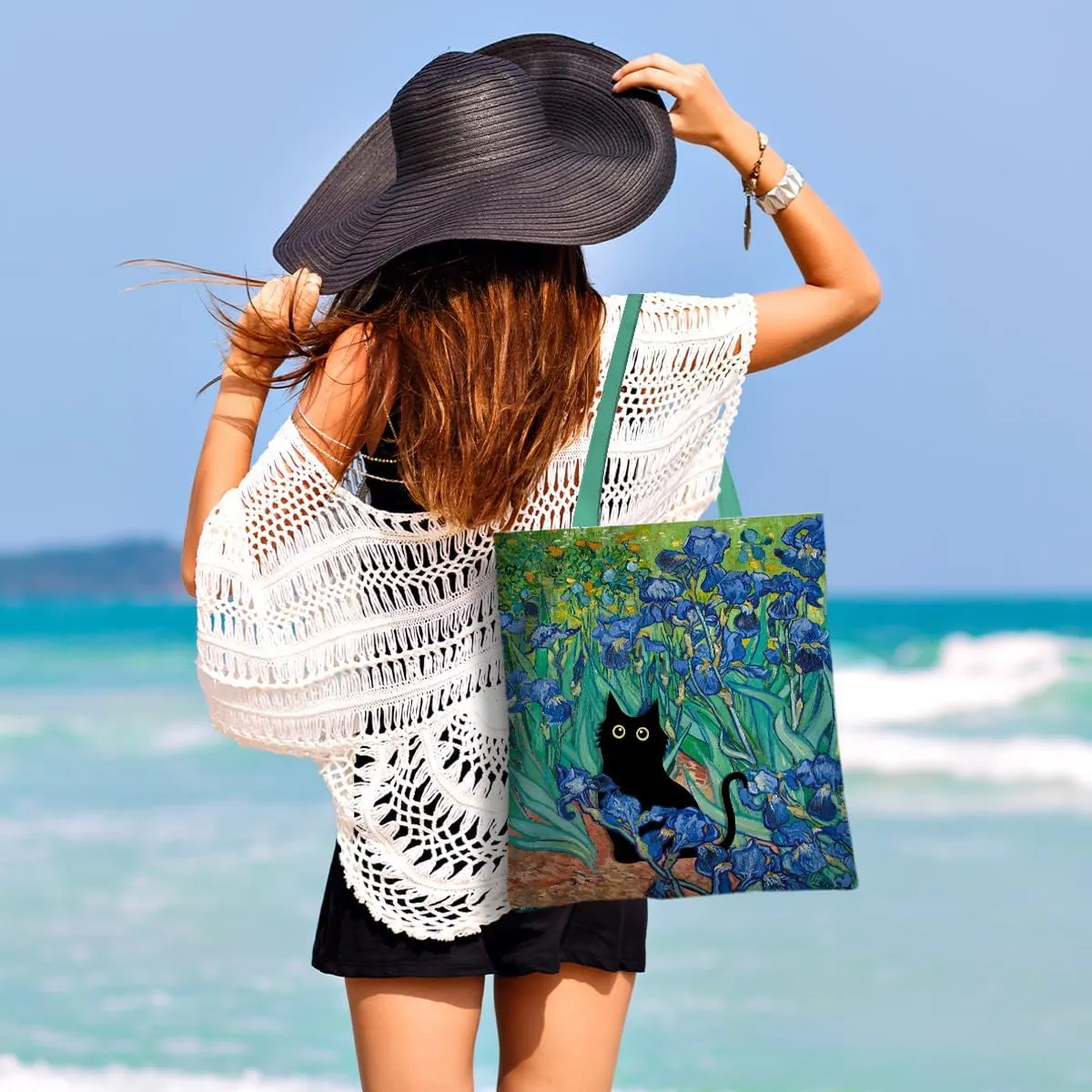 Cute Tote Bag for Women Floral Cat Gifts Boho Butterfly Forest Animals Reusable Grocery Bags Cat Lover Gifts