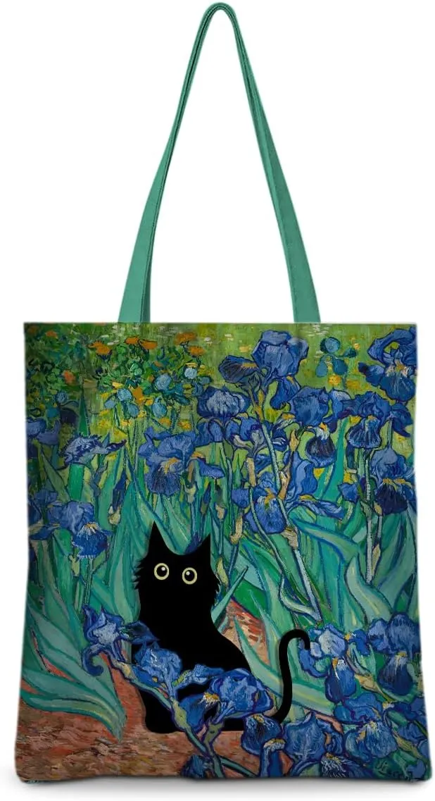 Cute Tote Bag for Women Floral Cat Gifts Boho Butterfly Forest Animals Reusable Grocery Bags Cat Lover Gifts
