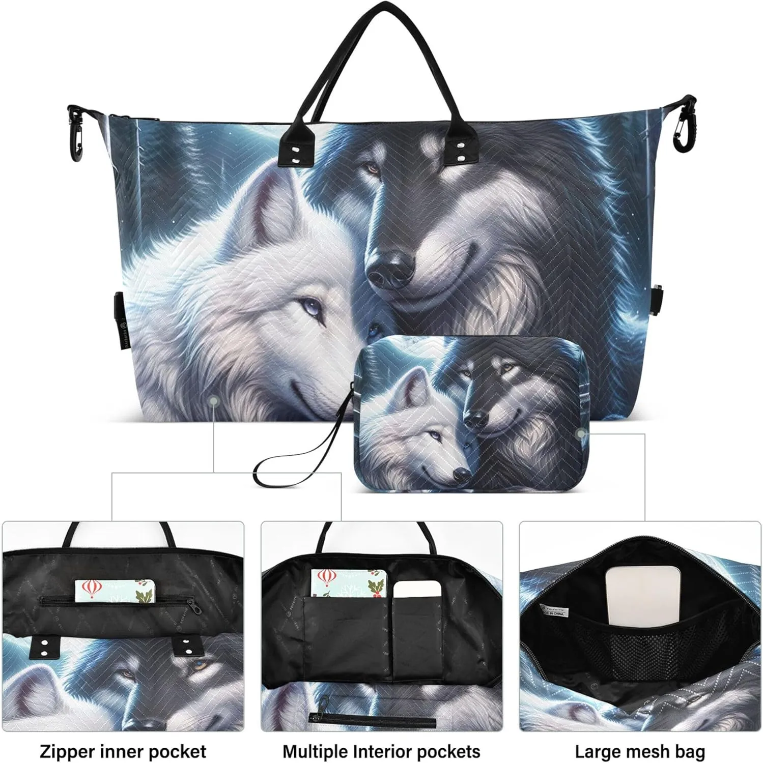 Cute Wolf Mate Duffel Bag for Travel Toiletry Bag Set of 2, Cartoon Women Sports Bag Duffel for Traveling