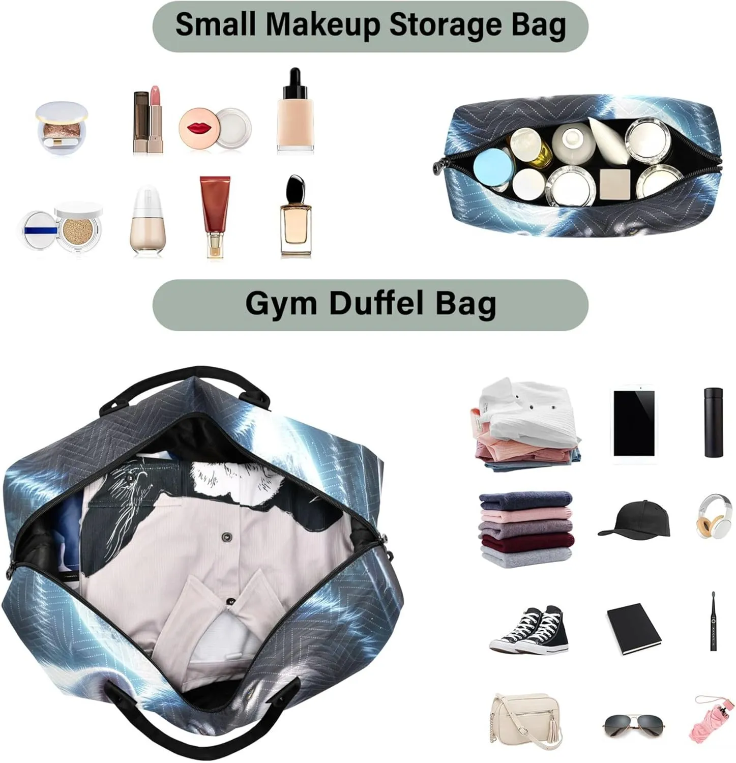Cute Wolf Mate Duffel Bag for Travel Toiletry Bag Set of 2, Cartoon Women Sports Bag Duffel for Traveling