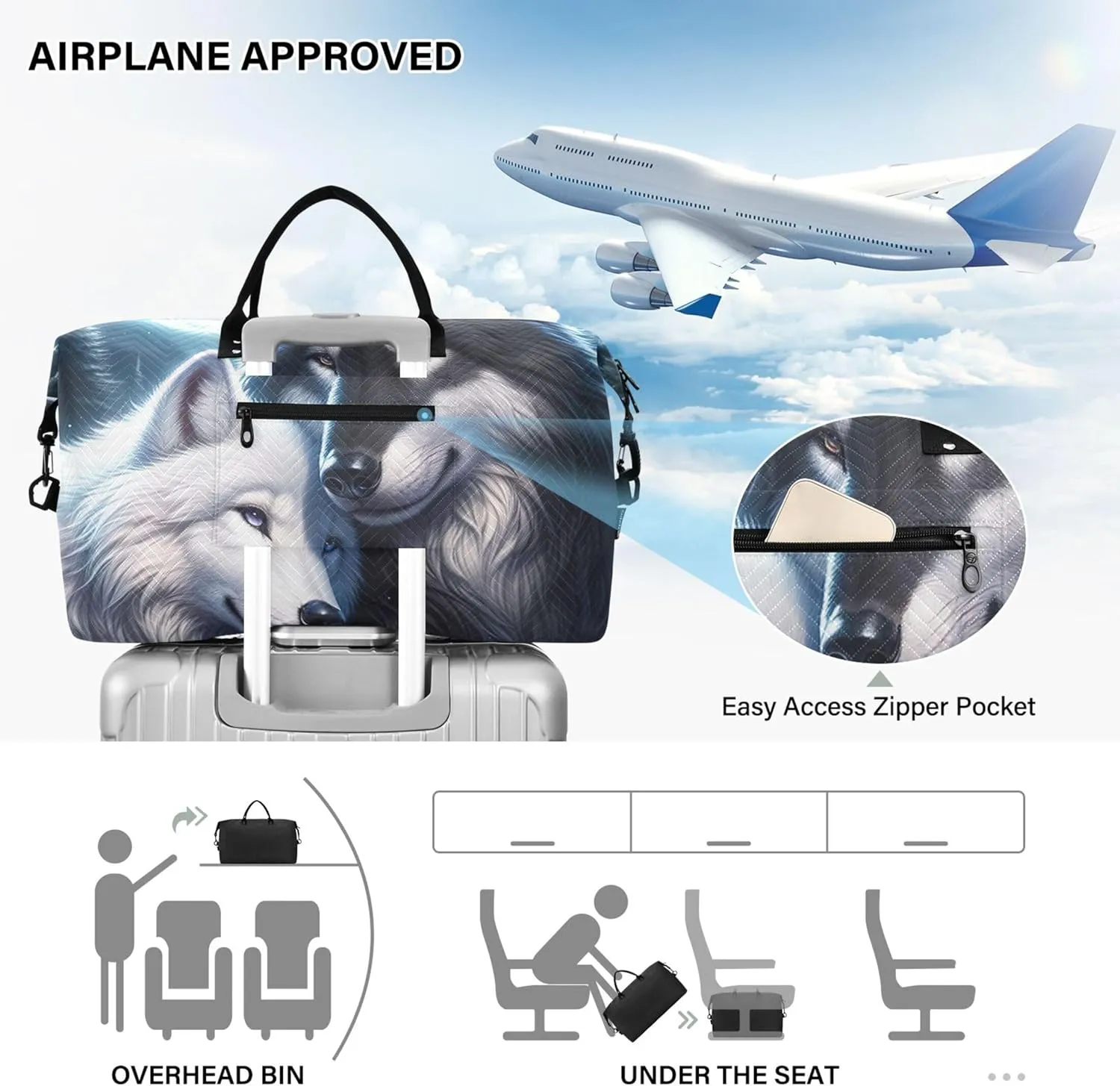 Cute Wolf Mate Duffel Bag for Travel Toiletry Bag Set of 2, Cartoon Women Sports Bag Duffel for Traveling