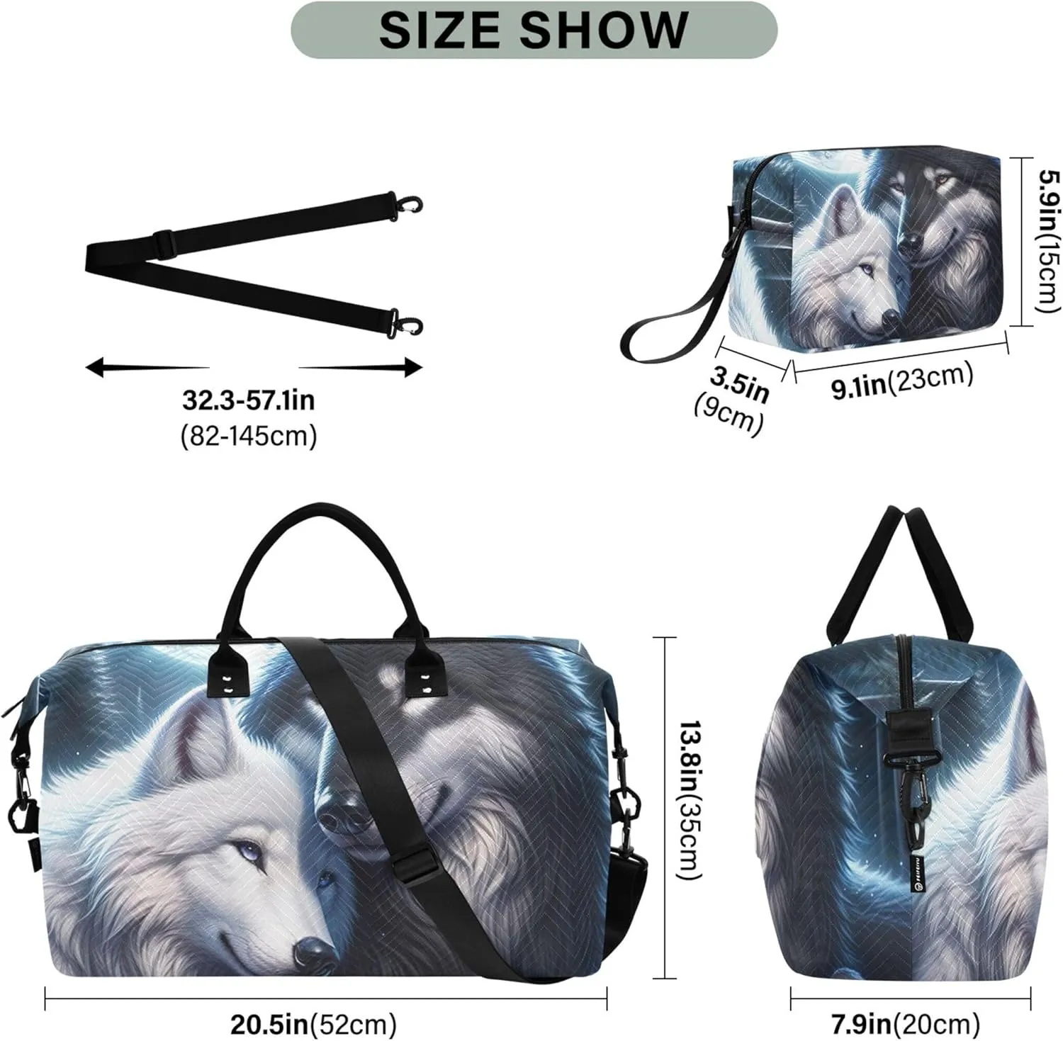 Cute Wolf Mate Duffel Bag for Travel Toiletry Bag Set of 2, Cartoon Women Sports Bag Duffel for Traveling