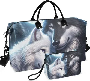 Cute Wolf Mate Duffel Bag for Travel Toiletry Bag Set of 2, Cartoon Women Sports Bag Duffel for Traveling