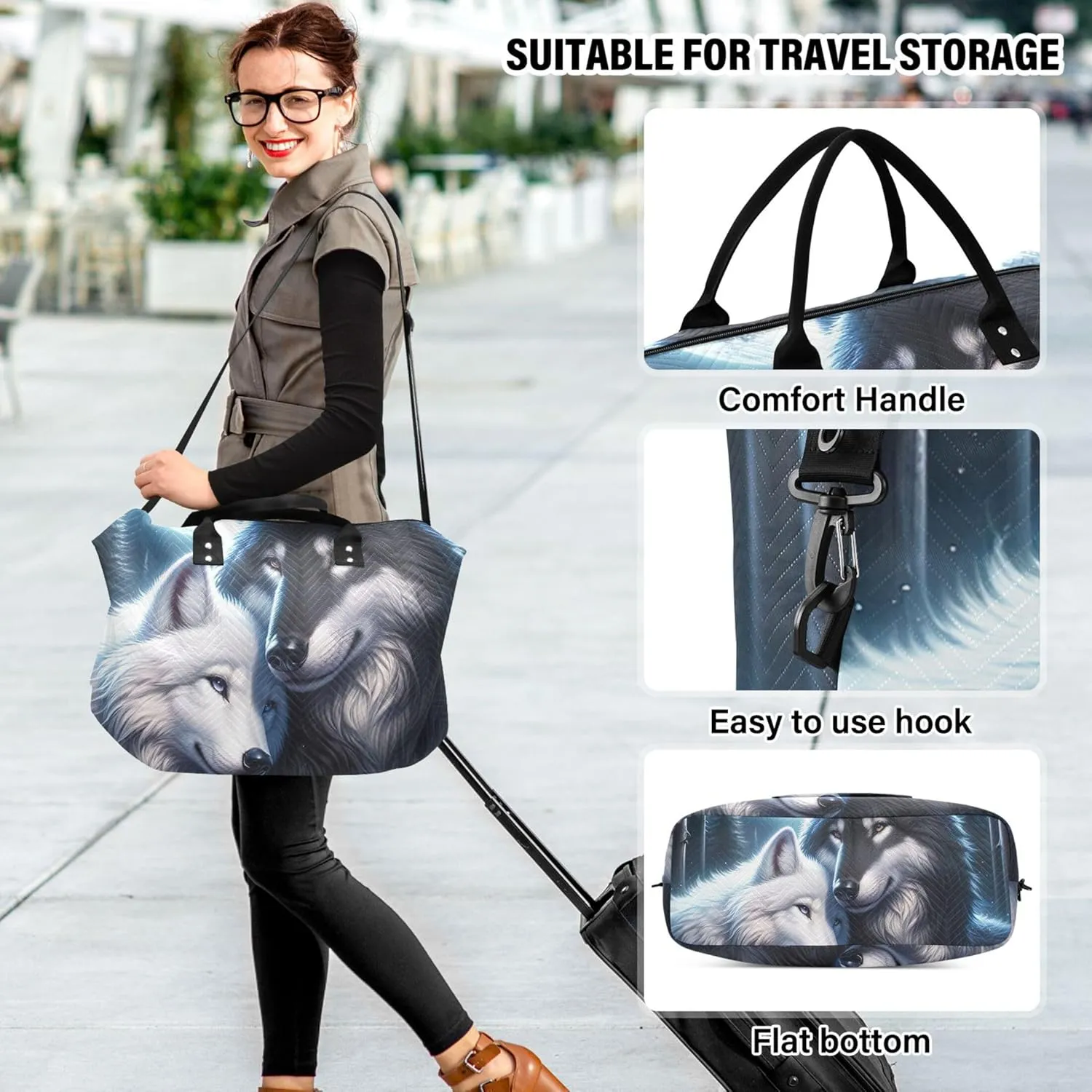Cute Wolf Mate Duffel Bag for Travel Toiletry Bag Set of 2, Cartoon Women Sports Bag Duffel for Traveling