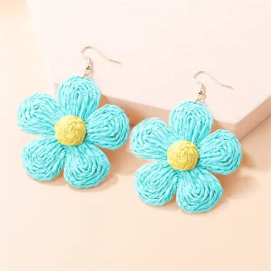 Cyan & Yellow Floral Raffia Drop Earrings