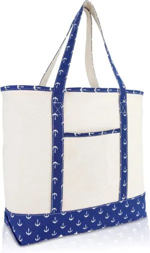 DALIX 22" Shopping Tote Bag Heavy Cotton Canvas (Zippered) Navy Blue Anchor