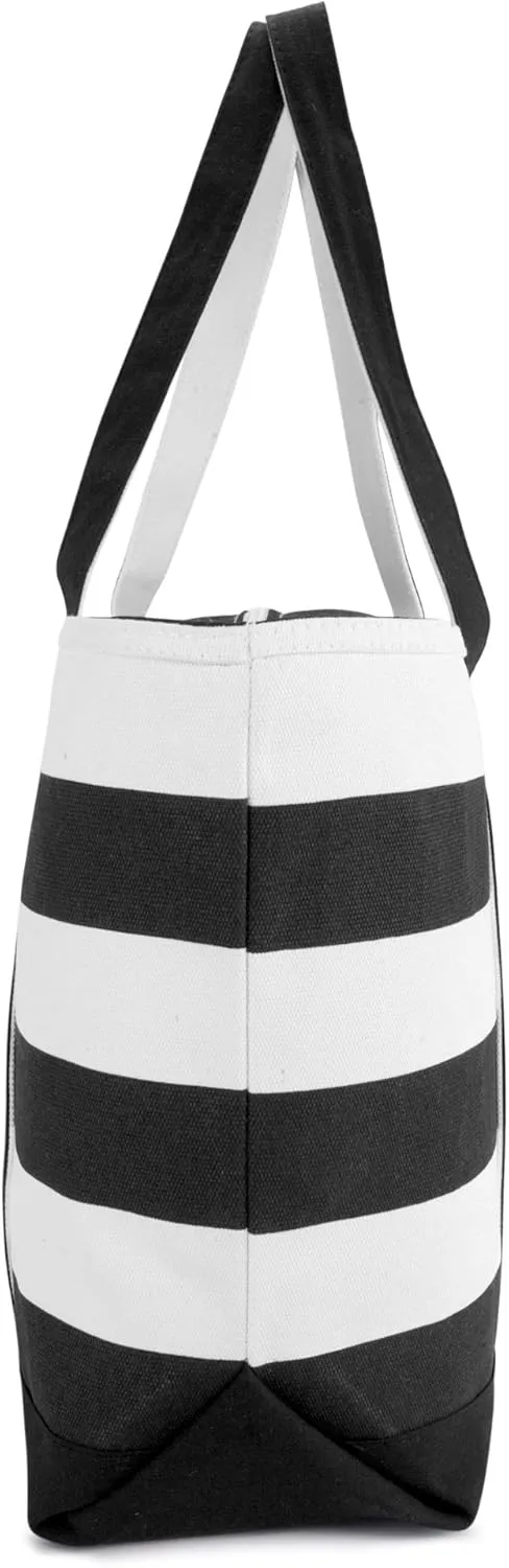 DALIX Striped Boat Bag Premium Cotton Canvas Tote in Black