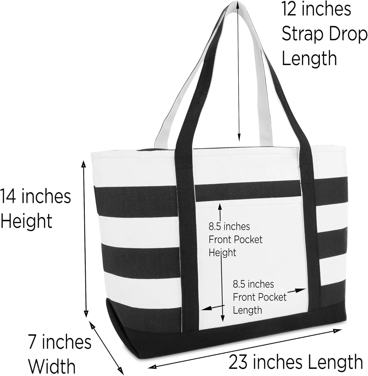 DALIX Striped Boat Bag Premium Cotton Canvas Tote in Black
