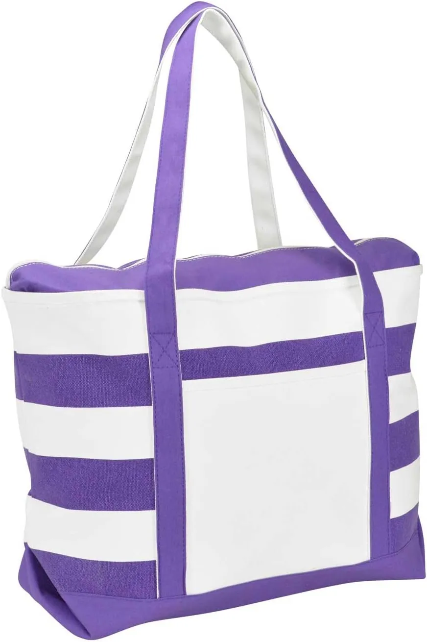 DALIX Striped Boat Bag Premium Cotton Canvas Tote in Purple